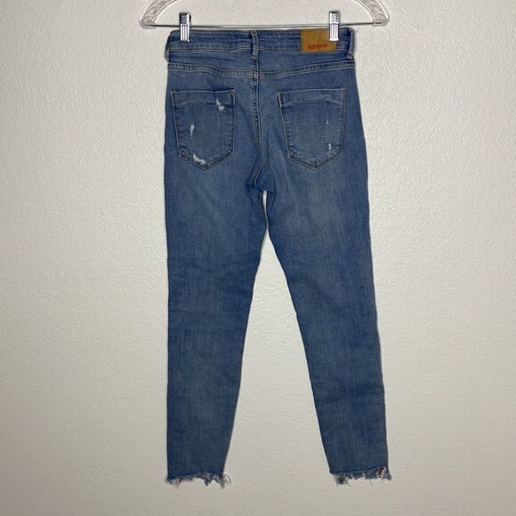 Zara Basic Denim Skinny Frayed Jeans W White & Red Stripe down Sides 2 - Picture 8 of 9